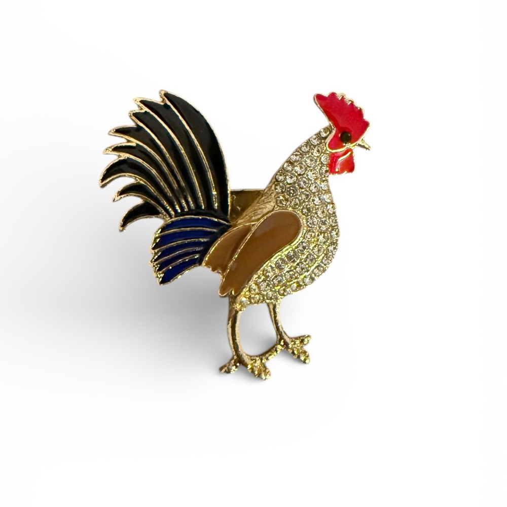 Mint Vibrant Rooster Brooch with Gold and Red Accents